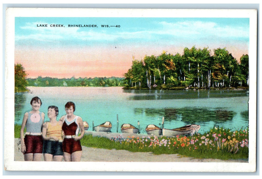 c1920's Lake Creek Rhinelander Group Of Girls Dock Boat Wisconsin WI Postcard