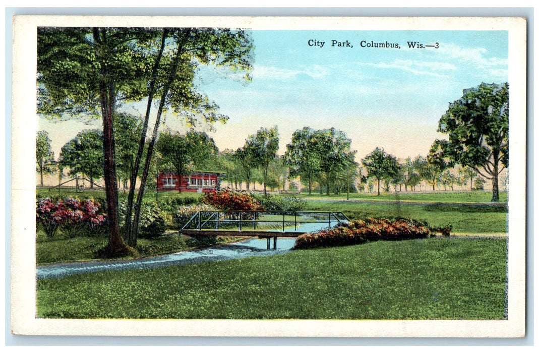 c1920's City Park Columbus Cottage Rustic Bridge Creek Wisconsin WI Postcard