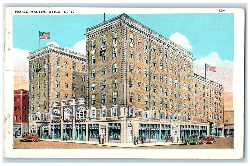 c1920's Hotel Martin Exterior Roadside Utica New York NY Unposted Flag Postcard