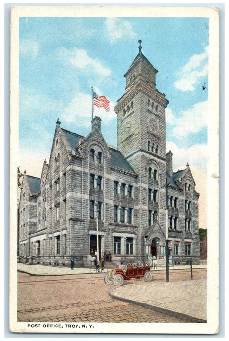 1919 Post Office Exterior Roadside Cars Troy New York NY Posted Flag Postcard