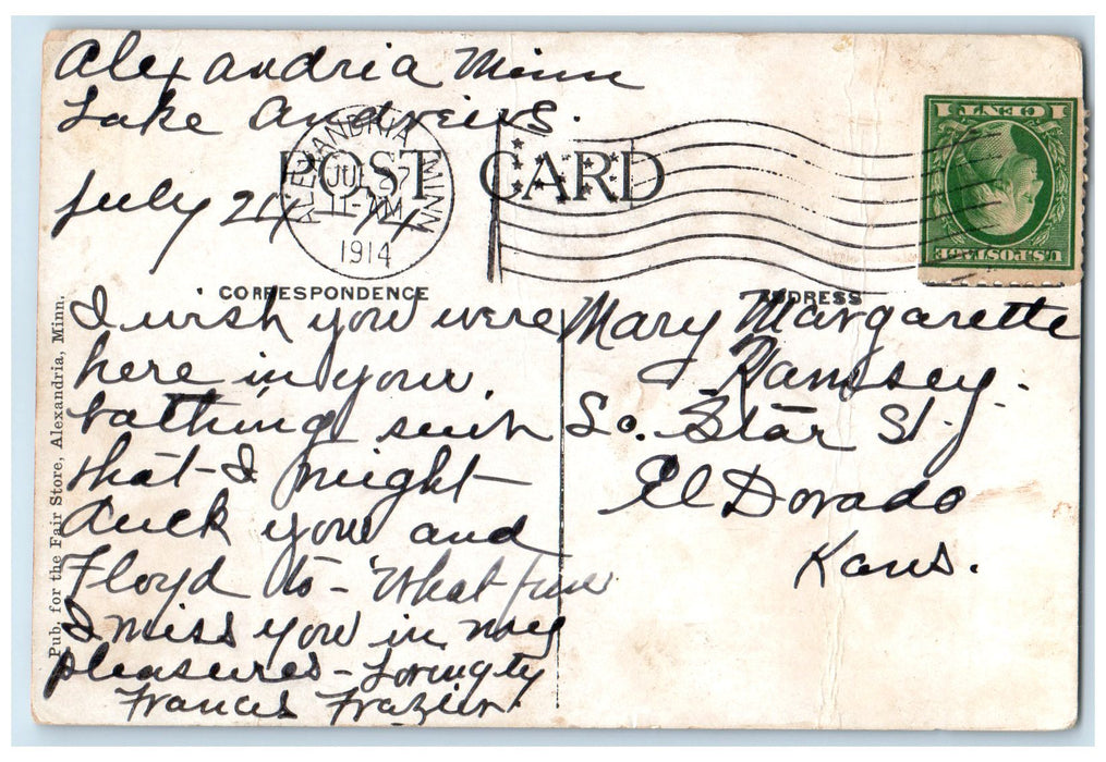 1914 Lake House Cottage Lake Andrews Boating Alexandria Minnesota MN Postcard