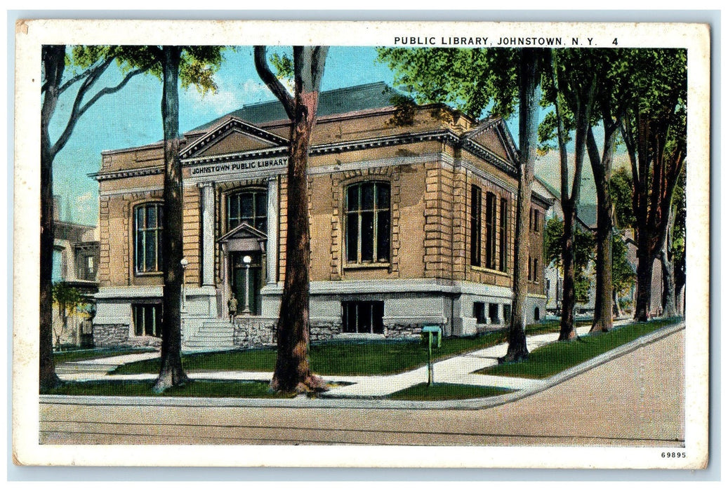 1938 Public Library Exterior Roadside Johnstown New York NY Posted Tree Postcard