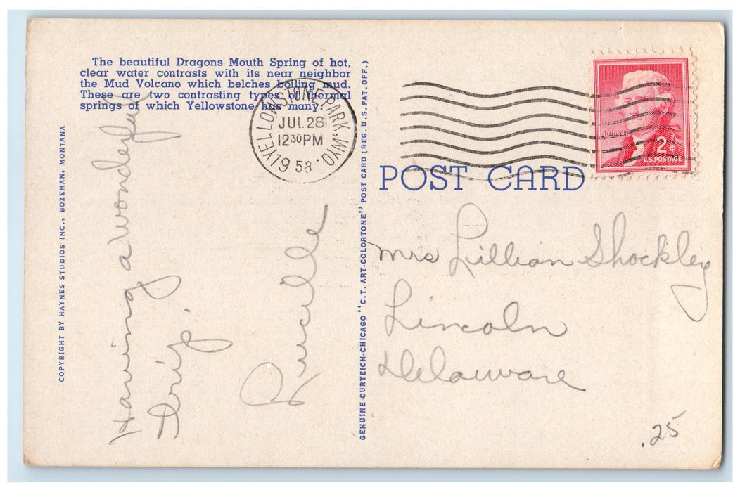 1958 Dragons Mouth Springs Scene Yellowstone National Park WY Posted Postcard