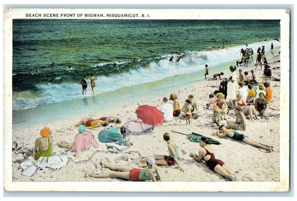 1937 Beach Scene Front Of Wigwam Waves Misquamicut Rhode Island RI Postcard
