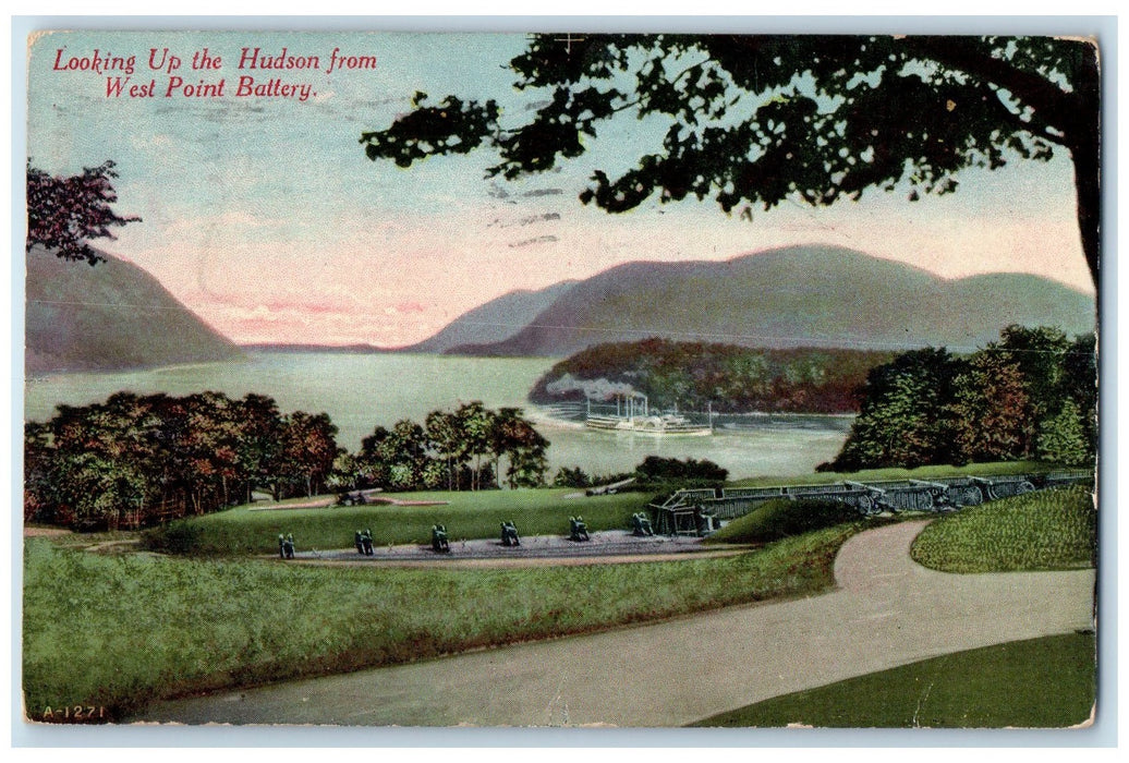 1911 Looking Up Hudson From West Point Steam Boat Battery New York NY Postcard