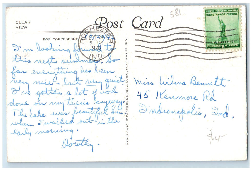 1942 Lake Manitou From Colonial Hotel Rochester Indiana IN Posted Boats Postcard