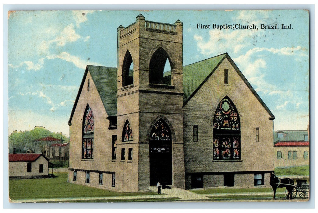 1921 First Baptist Church Exterior Roadside Brazil Indiana IN Posted Postcard