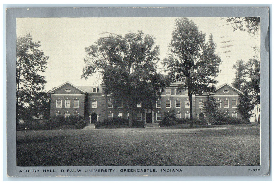 1942 Asbury Hall DePauw University Greencastle Indiana IN Posted Trees Postcard