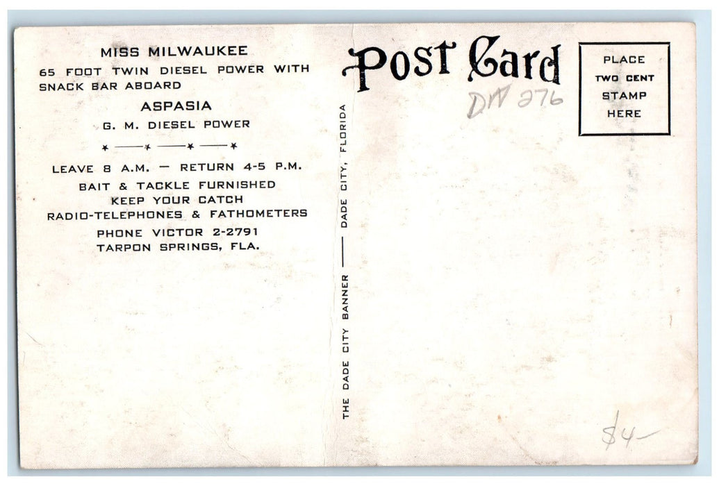 c1920's Boat Deep Sea Fishing Daily Tarpon Springs Florida FL Unposted Postcard