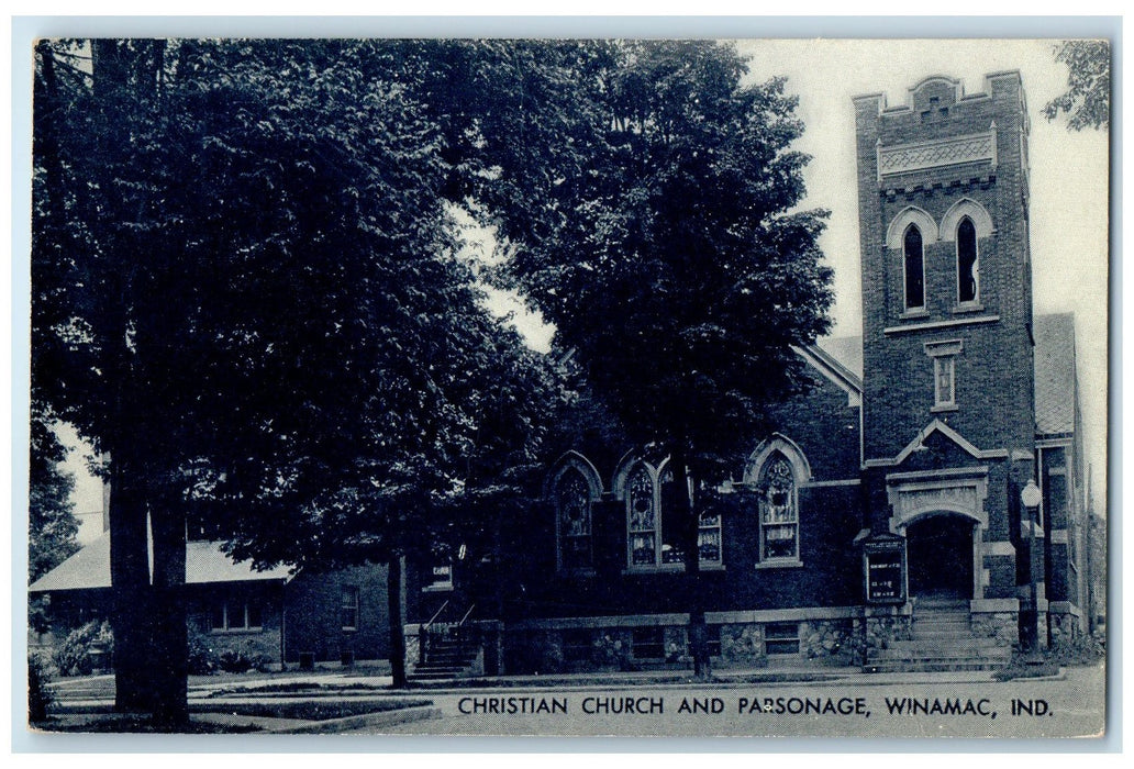 c1940s Christian Church And Parsonage Exterior Winamac Indiana IN Trees Postcard