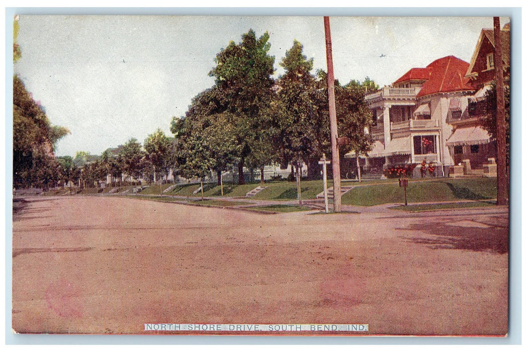 c1910's North Shore Drive Residences House South Bend Indiana IN Trees Postcard