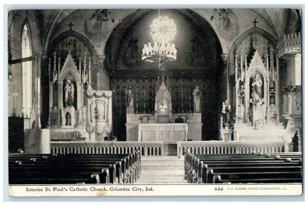 1908 Interior St. Paul Catholic Church Columbia City Indiana IN Posted Postcard