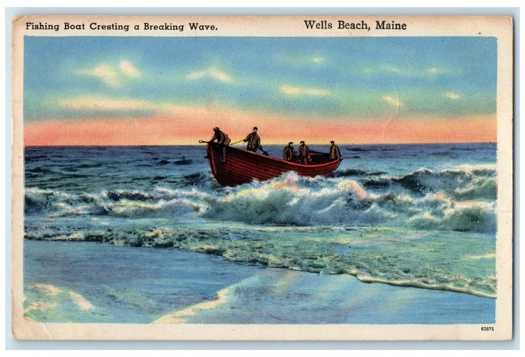 1952 Fishing Boat Cresting A Breaking Wave Wells Beach Maine ME Posted Postcard