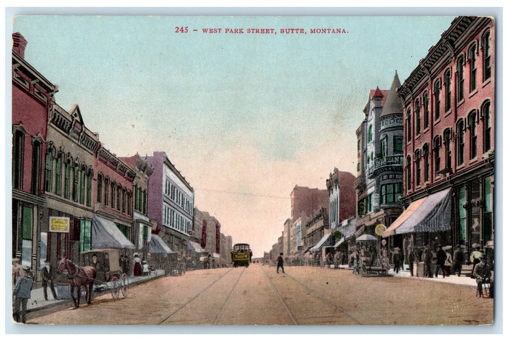 c1910's West Park Street Horse Carriage Trolley Stores Butte Montana MT Postcard