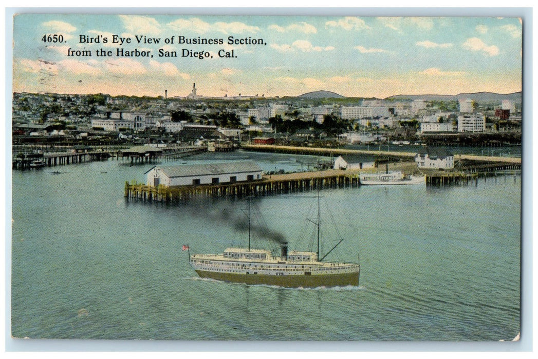 1915 Bird's Eye View Business Section From Harbor San Diego CA Posted Postcard
