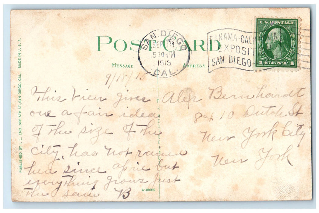 1915 Bird's Eye View Business Section From Harbor San Diego CA Posted Postcard