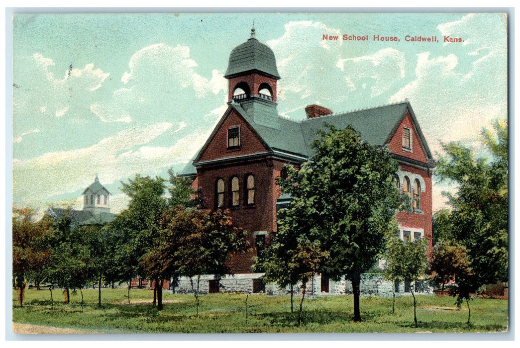 1914 New School House Campus Tower Lined Tree Caldwell Kansas KS Posted Postcard