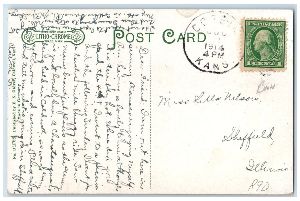 1914 New School House Campus Tower Lined Tree Caldwell Kansas KS Posted Postcard
