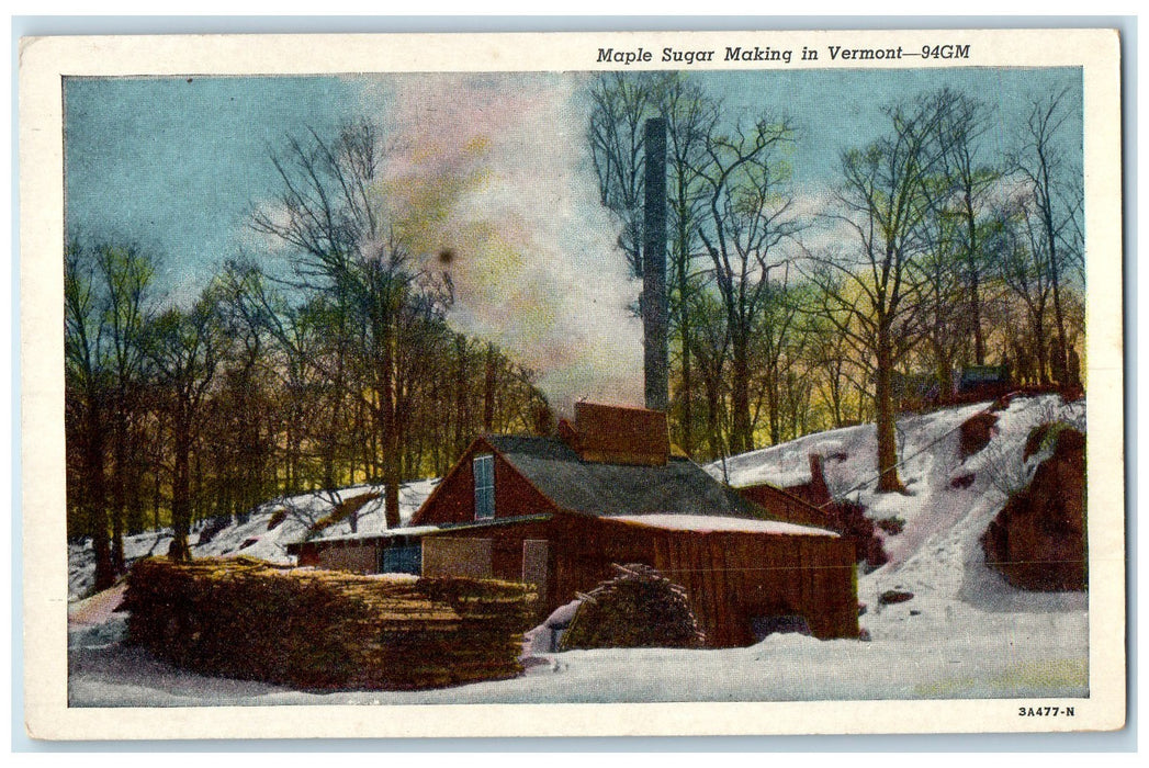 1956 Smokestacks Winter Maple Sugar Making Highgate Springs Vermont VT Postcard