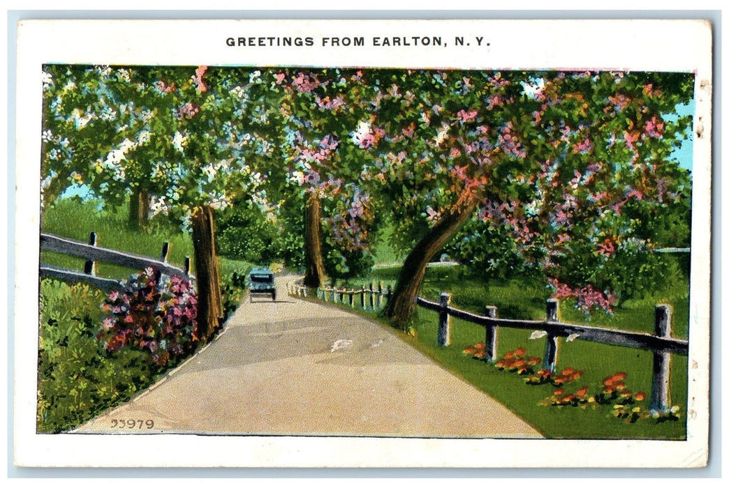 1935 Greetings From Earlton Classic Car Road Trees New York NY Posted Postcard