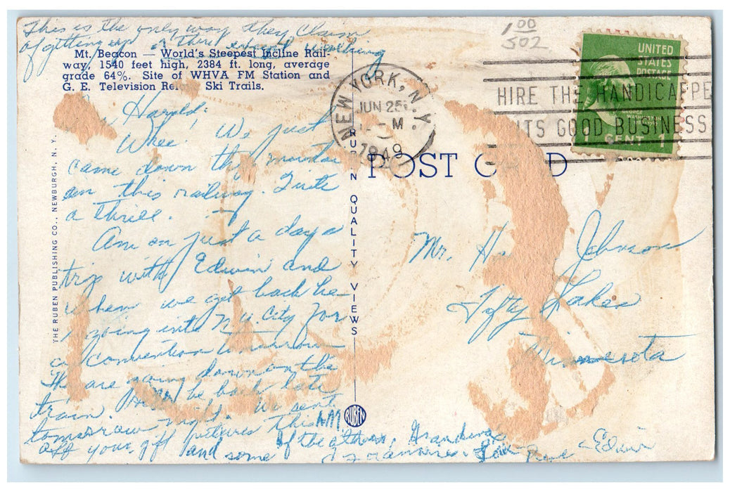 1949 Mt. Beacon From A Distance Road On Hills Beacon New York NY Posted Postcard