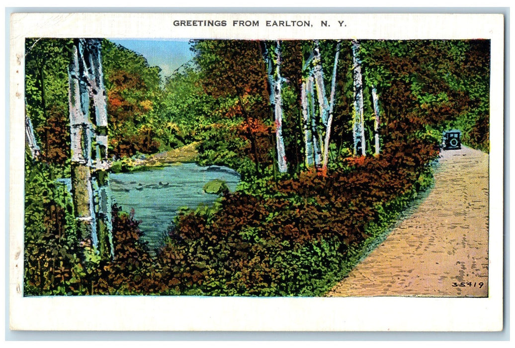 1936 Greetings From Earlton Dirt Road River Classic Car New York NY Postcard