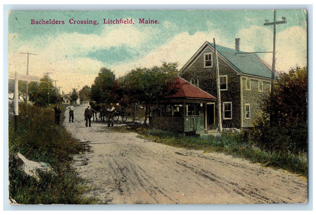 1912 Bachelders Crossing Dirt Road Horse Wagon View Litchfield Maine ME Postcard