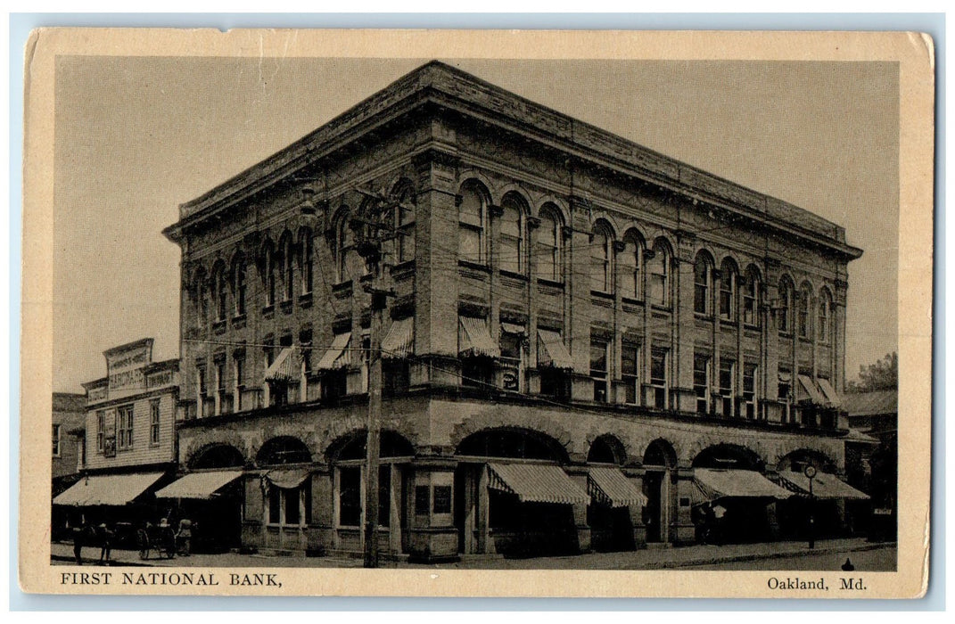 c1920's First National Bank Building Horse Carriage Oakland Maryland MD Postcard