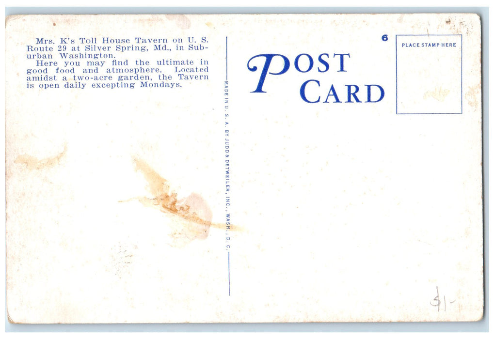 c1920's Mrs. K's Toll House Tavern Roadside Silver Spring Maryland MD Postcard
