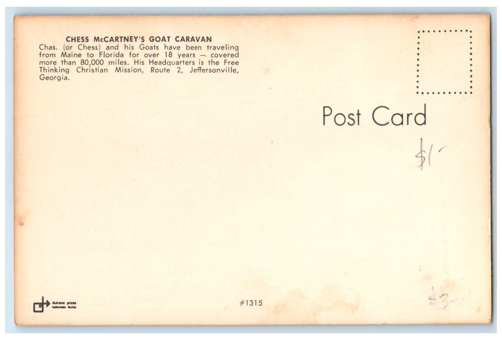 c1950's Chess McCartney's Goat Caravan View Jeffersonville Georgia GA  Postcard