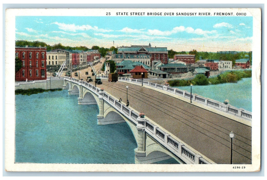 1934 State Street Bridge Over Sandusky River Fremont Ohio OH Posted Car Postcard