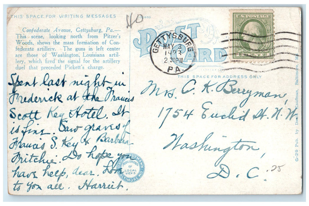 1923 Scene On Confederate Avenue View Gettysburg Pennsylvania PA Posted Postcard