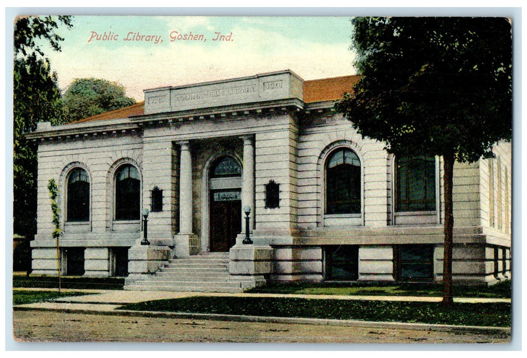 c1910's Public Library Building Dirt Road Stairs View Goshen Indiana IN Postcard