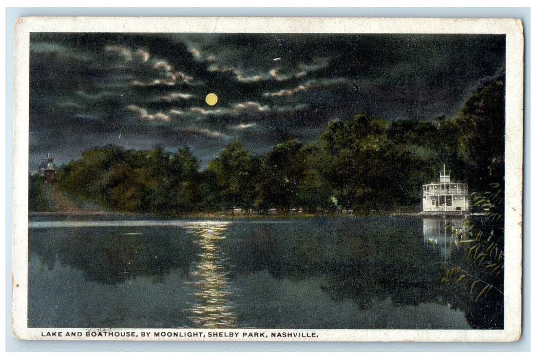 c1910s Lake & Boathouse By Moonlight Shelby Park Nashville Tennessee TN Postcard