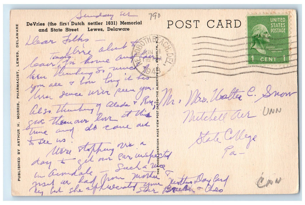 1948 DeVries Memorial & State Street Church Building Lewes Delaware DE Postcard