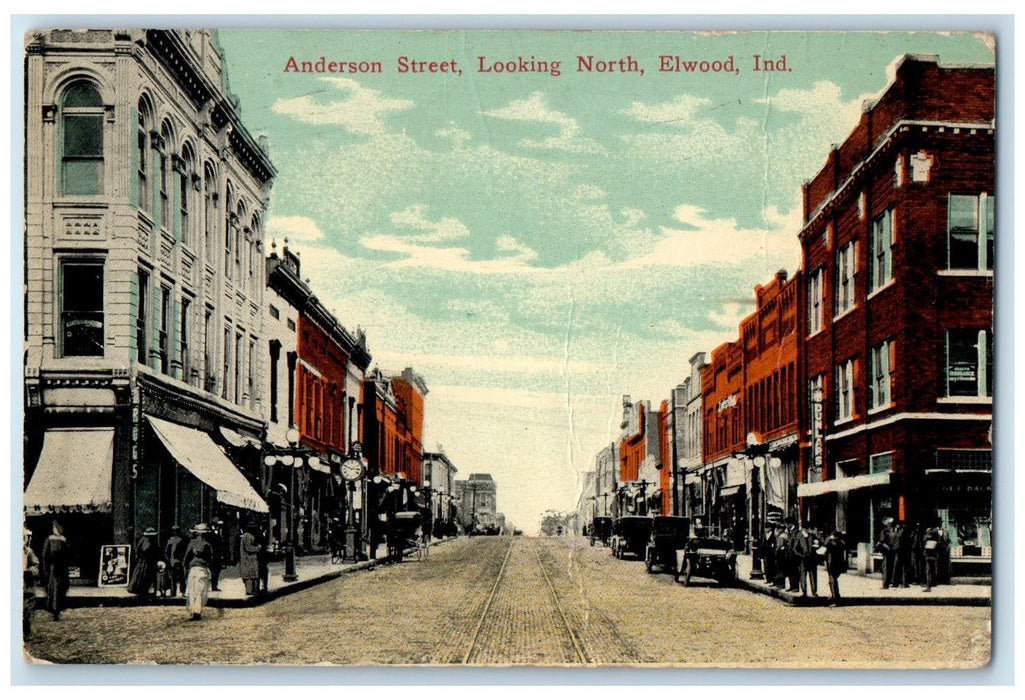 1917 Anderson Street Looking North Shops Elwood Indiana IN Posted Cars Postcard
