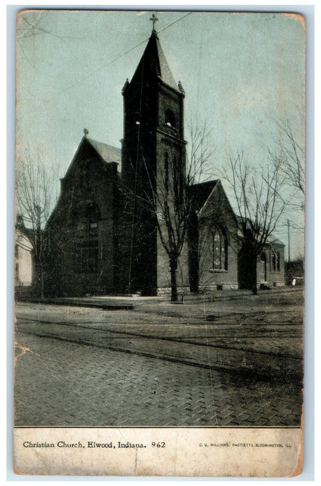 1917 Christian Church Exterior Roadside Elwood Indiana IN Posted Trees Postcard