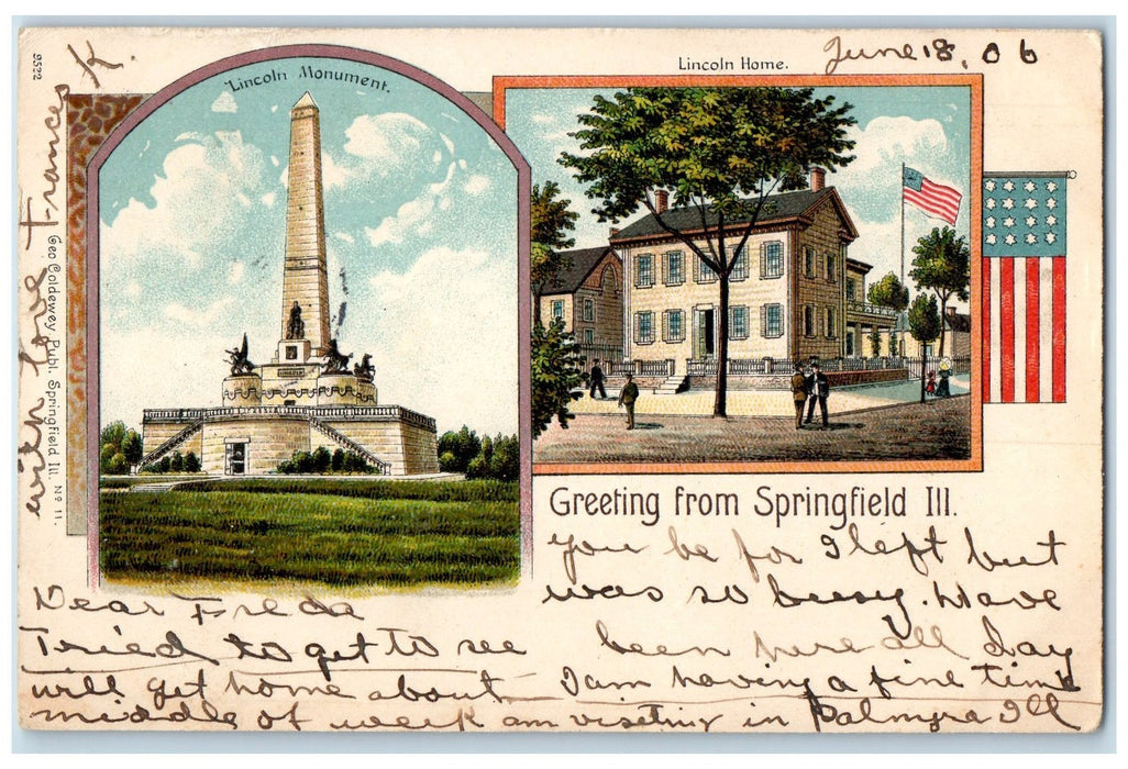 1905 Greetings From Springfield Lincoln Monument Lincoln Home IL Flag Postcard