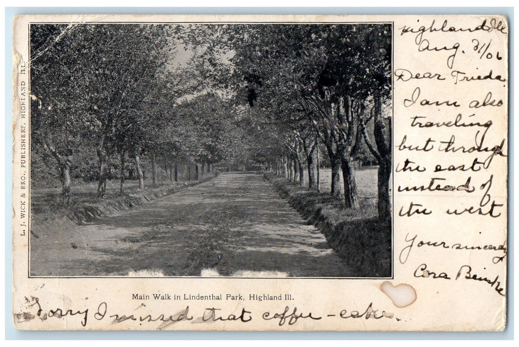 1906 Main Walk In Lindenthal Park Trees Highland Illinois IL Posted Postcard
