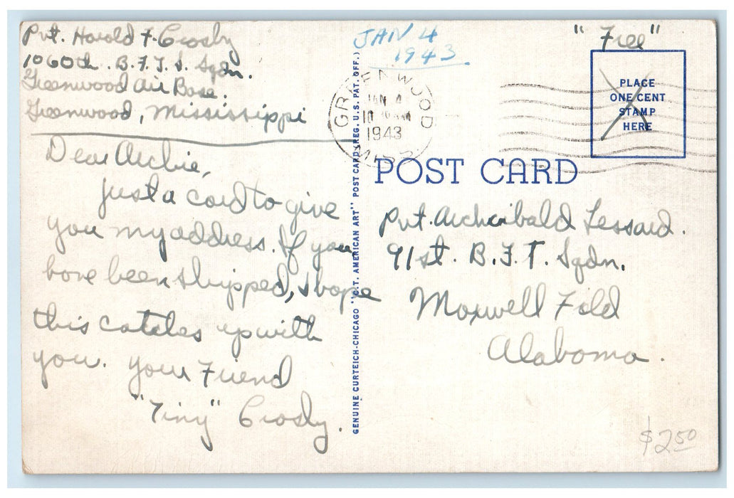 1943 US Post Office Exterior Roadside Greenwood Mississippi MS Posted Postcard