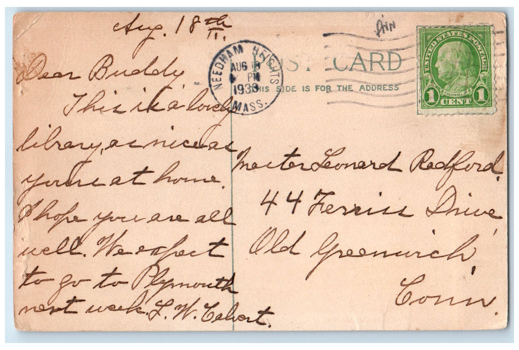 1933 Public Library Building Clock Tower Dirt Road Needham MA Posted Postcard