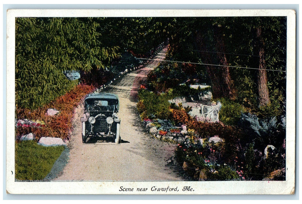 c1920 Scene Classic Car Dirt Road Trees Near Crawford Maine ME Unposted Postcard