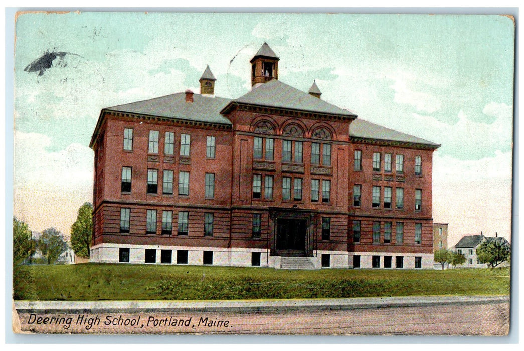 1912 Deering High School Exterior Roadside Portland Maine ME Posted Postcard