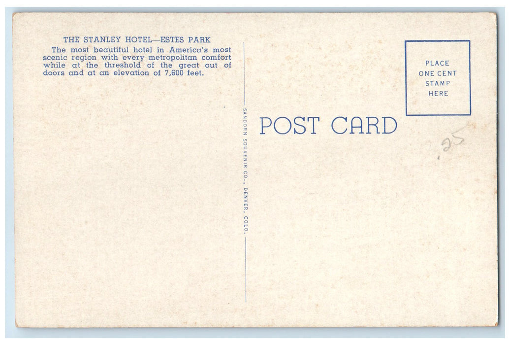 c1920 Stanley Hotel Estes Park Rocky Mountain National Park Colorado CO Postcard