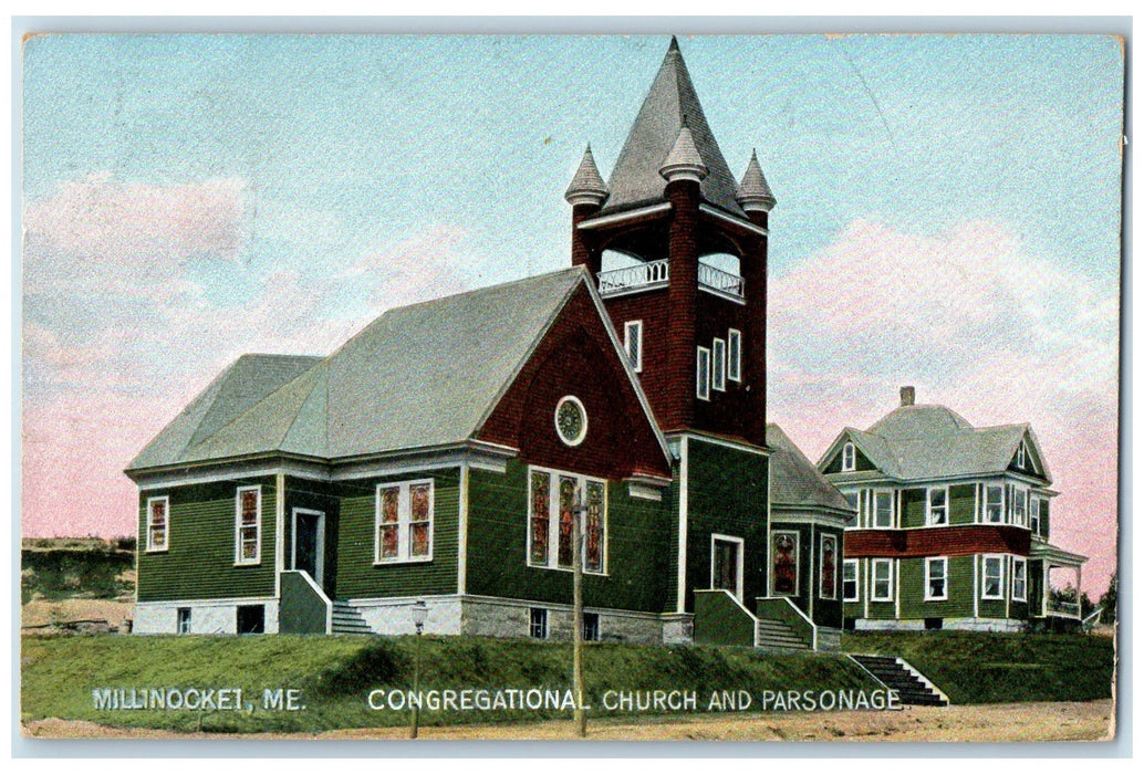 1909 Congregational Church And Parsonage Millinocket Maine ME Posted Postcard