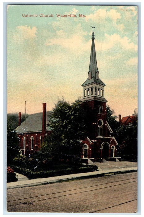 1911 Catholic Church Exterior Roadside	Waterville Maine ME Posted Trees Postcard