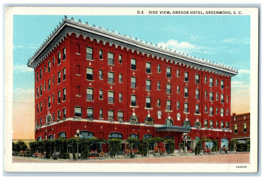 c1940's Side View Oregon Hotel Exterior Greenwood South Carolina SC Postcard