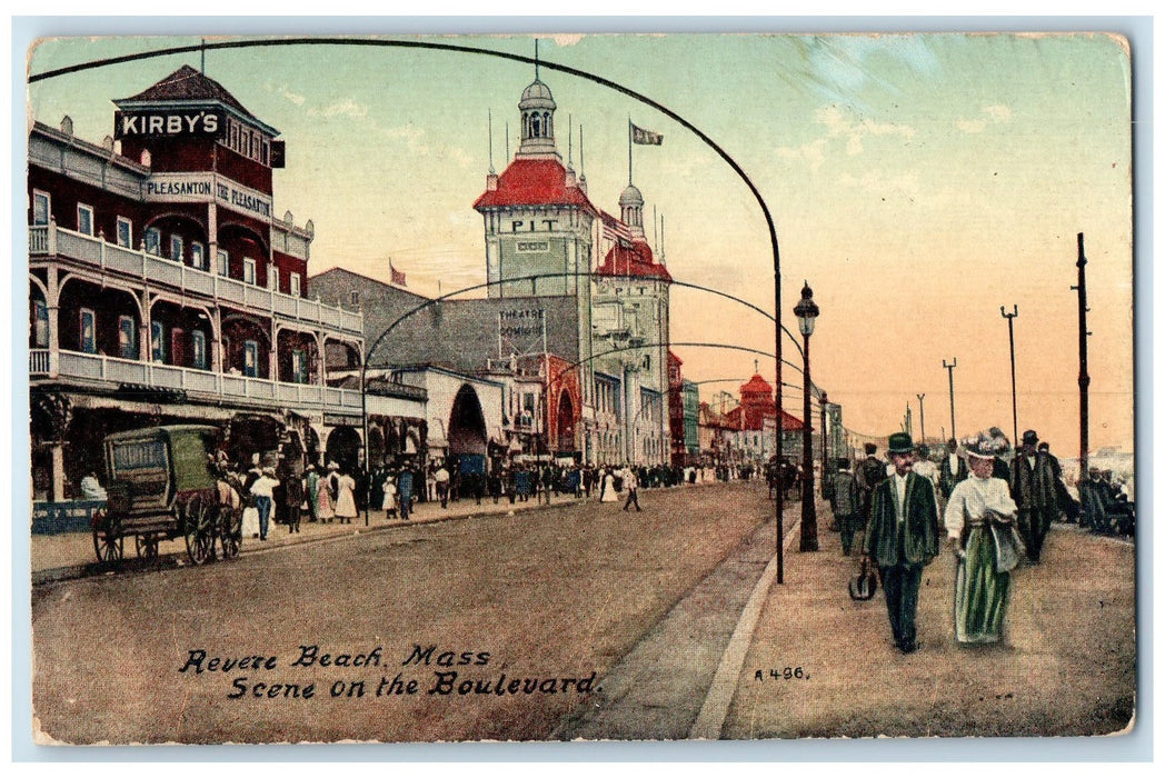 1910 Scene On Boulevard Crowd Building Revere Beach Massachusetts MA Postcard