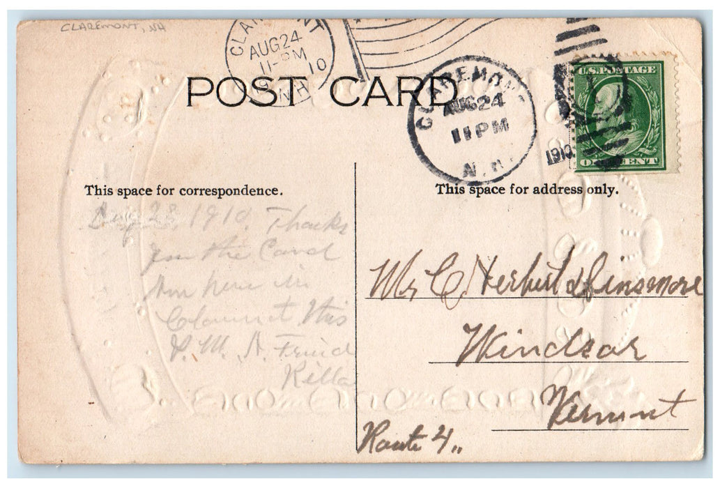 1910 Souvenir From West Claremont Sailboat Embossed New Hampshire NH Postcard