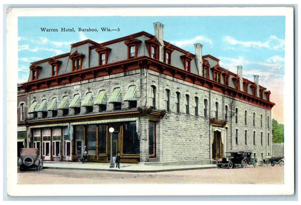 c1920 Warren Hotel Restaurant Building Classic Car Baraboo Wisconsin WI Postcard